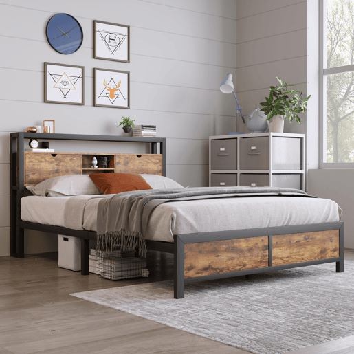 Cama para adultos 140x200 cm com espaço de arrumação - estrutura metálica - Castanho