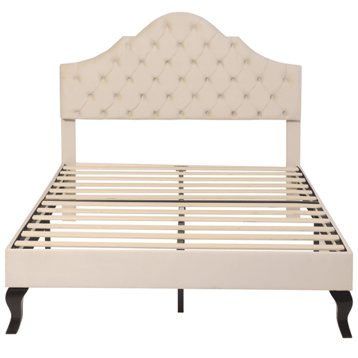 Cama estofada 140x190cm em veludo com cabeceira regulável + estrado - Bege Cama estofada 140x190cm em veludo com cabeceira regulável + estrado - Bege
