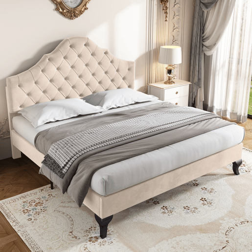 Cama estofada 140x190cm em veludo com cabeceira regulável + estrado - Bege Cama estofada 140x190cm em veludo com cabeceira regulável + estrado - Bege