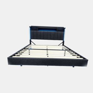 Cama em tecido de linho 140x200 cm - com tomada USB e estrado - Cinzento