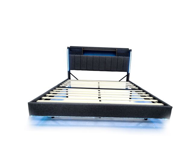 Cama de tela de lino de 140x200 cm - con toma usb y somier - gris