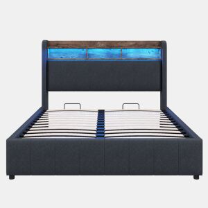 Cómoda estofada em linho 140x200 cm - com LED + tomadas - Cinzento