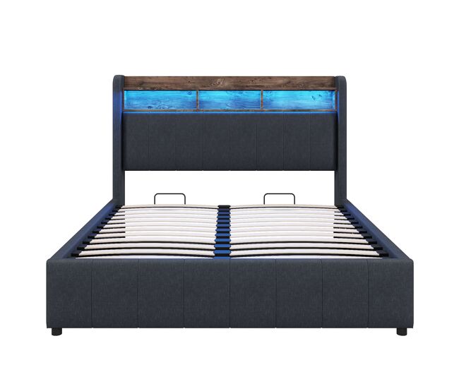 Cómoda cómoda acolchada de lino 140x200 cm - con led + enchufes - gris