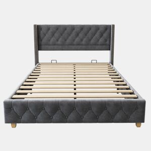 Cama de adulto estofada em veludo - 160x200 cm - com estrado de molas - Cinzento