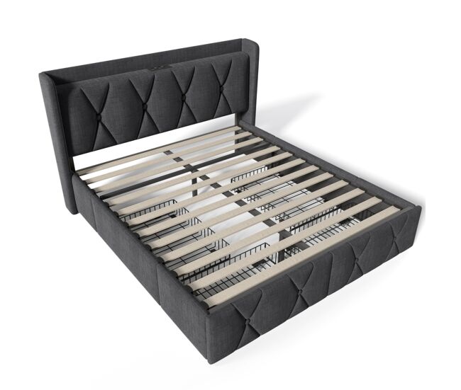 Cama acolchada de lino 140x200cm - con 4 cajones y puertos de carga usb - gris (colchón no incluido)