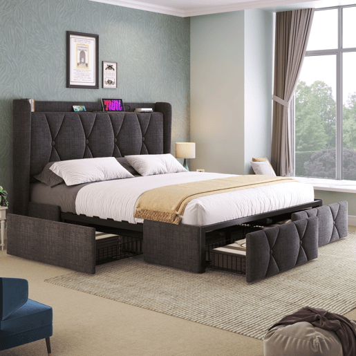 Cama estofada em linho 140x200cm - com 4 gavetas e portas de carregamento USB - Cinzento (colchão não incluído)