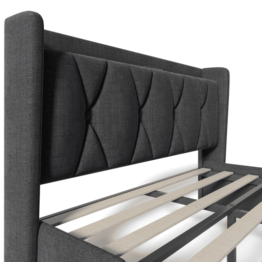 Cama estofada em linho 140x200cm - com 4 gavetas e portas de carregamento USB - Cinzento (colchão não incluído)
