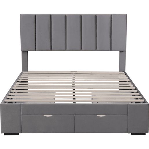 Cama de adulto estofada em veludo 140x200 cm com 4 gavetas + cabeceira regulável + estrado de molas - Cinzento