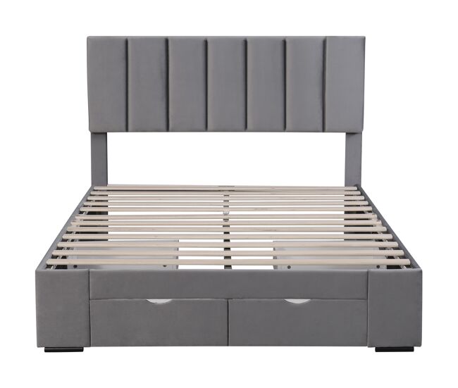 Cama de adulto acolchada en terciopelo 140x200 cm con 4 cajones + cabecero regulable + somier - gris
