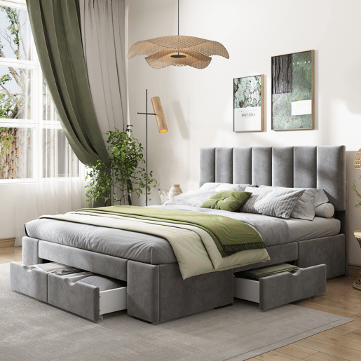 Cama de adulto estofada em veludo 140x200 cm com 4 gavetas + cabeceira regulável + estrado de molas - Cinzento