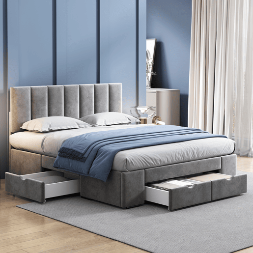 Cama de adulto estofada em veludo 140x200 cm com 4 gavetas + cabeceira regulável + estrado de molas - Cinzento