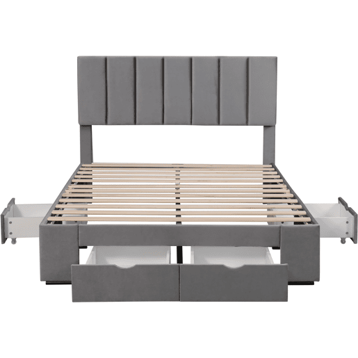 Cama de adulto estofada em veludo 140x200 cm com 4 gavetas + cabeceira regulável + estrado de molas - Cinzento