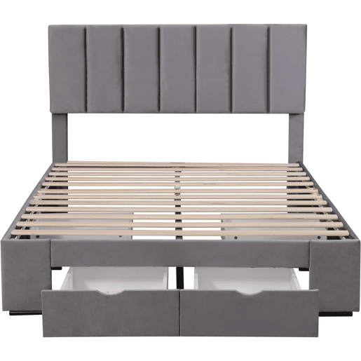 Cama de adulto estofada em veludo 140x200 cm com 4 gavetas + cabeceira regulável + estrado de molas - Cinzento