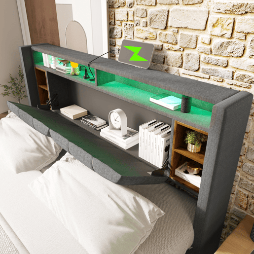 Cama de casal estofada em linho 1160x200cm com LED e porta de carregamento USB - estrado - Cinzento