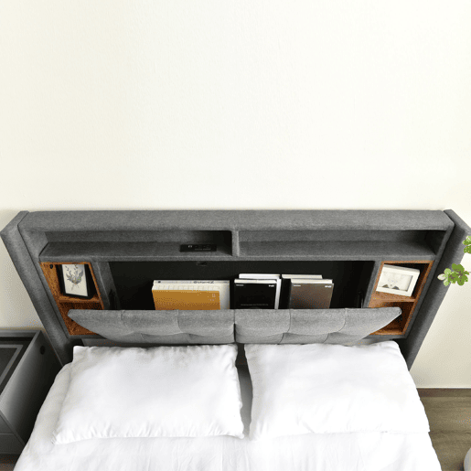 Cama de casal estofada em linho 1160x200cm com LED e porta de carregamento USB - estrado - Cinzento