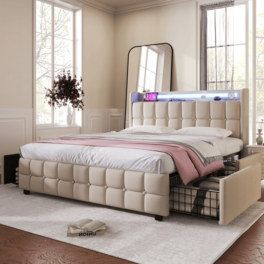 Cama estofada 160x200cm em linho - com LED e portas de carregamento USB - 2 gavetas - Bege