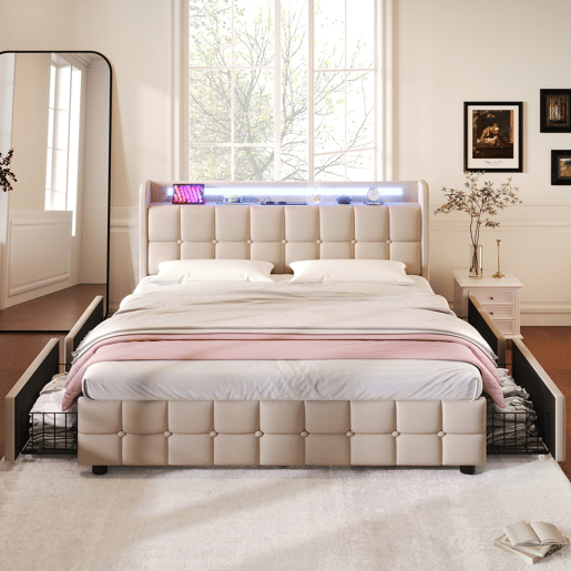 Cama estofada 160x200cm em linho - com LED e portas de carregamento USB - 2 gavetas - Bege