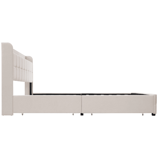 Cama estofada 160x200cm em linho - com LED e portas de carregamento USB - 2 gavetas - Bege