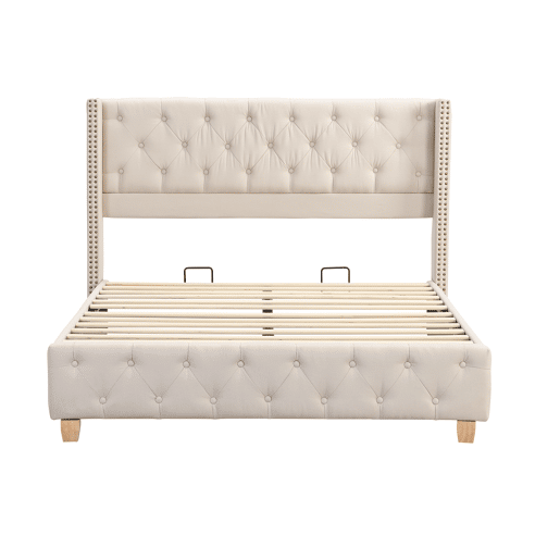 Cama de adulto estofada em linho - 160x200 cm - com estrado de molas - Bege