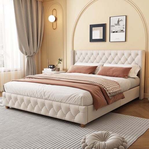 Cama de adulto estofada em linho - 160x200 cm - com estrado de molas - Bege