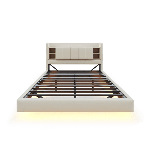 Cama estofada em linho 160x200 cm - com tomada USB + LED - com base metálica - Bege