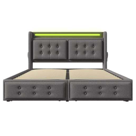 Cama de adulto 160x200cm em tecido de linho - com LED e portas de carregamento - 4 gavetas - Cinzento Cama de adulto 160x200cm em tecido de linho - com LED e portas de carregamento - 4 gavetas - Cinzento