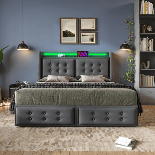 Cama de adulto 160x200cm em tecido de linho - com LED e portas de carregamento - 4 gavetas - Cinzento Cama de adulto 160x200cm em tecido de linho - com LED e portas de carregamento - 4 gavetas - Cinzento