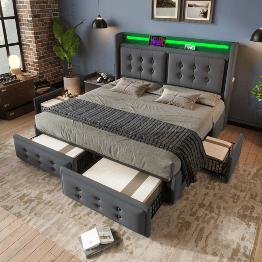 Cama de adulto 160x200cm em tecido de linho - com LED e portas de carregamento - 4 gavetas - Cinzento Cama de adulto 160x200cm em tecido de linho - com LED e portas de carregamento - 4 gavetas - Cinzento