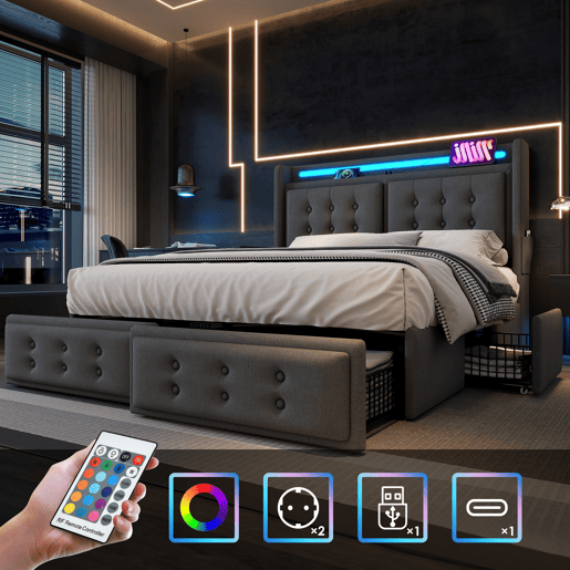 Cama de adulto 160x200cm em tecido de linho - com LED e portas de carregamento - 4 gavetas - Cinzento Cama de adulto 160x200cm em tecido de linho - com LED e portas de carregamento - 4 gavetas - Cinzento