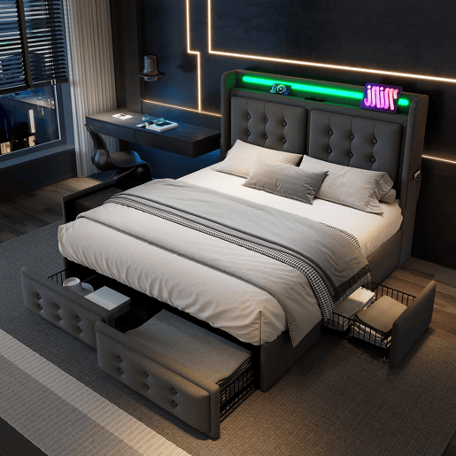 Cama de adulto 160x200cm em tecido de linho - com LED e portas de carregamento - 4 gavetas - Cinzento Cama de adulto 160x200cm em tecido de linho - com LED e portas de carregamento - 4 gavetas - Cinzento