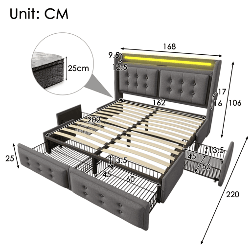 Cama de adulto 160x200cm em tecido de linho - com LED e portas de carregamento - 4 gavetas - Cinzento Cama de adulto 160x200cm em tecido de linho - com LED e portas de carregamento - 4 gavetas - Cinzento