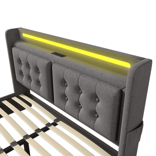 Cama de adulto 160x200cm em tecido de linho - com LED e portas de carregamento - 4 gavetas - Cinzento Cama de adulto 160x200cm em tecido de linho - com LED e portas de carregamento - 4 gavetas - Cinzento