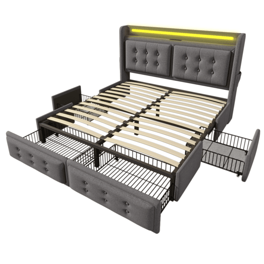 Cama de adulto 160x200cm em tecido de linho - com LED e portas de carregamento - 4 gavetas - Cinzento Cama de adulto 160x200cm em tecido de linho - com LED e portas de carregamento - 4 gavetas - Cinzento