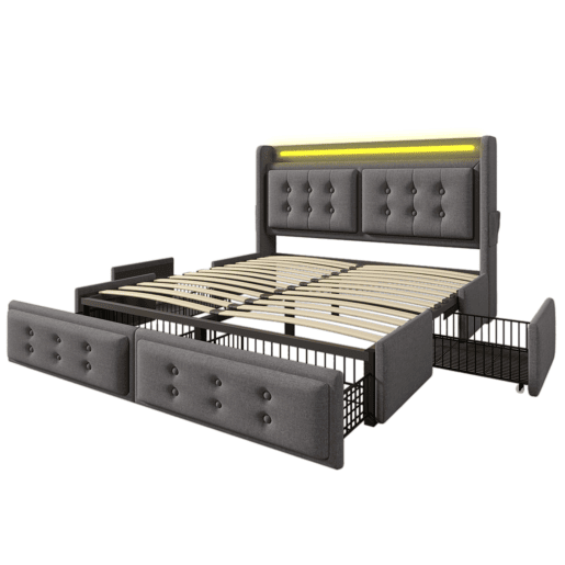 Cama de adulto 160x200cm em tecido de linho - com LED e portas de carregamento - 4 gavetas - Cinzento Cama de adulto 160x200cm em tecido de linho - com LED e portas de carregamento - 4 gavetas - Cinzento