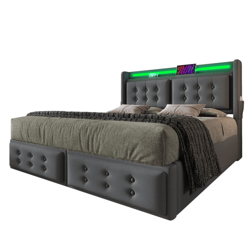 Cama de adulto 160x200cm em tecido de linho - com LED e portas de carregamento - 4 gavetas - Cinzento Cama de adulto 160x200cm em tecido de linho - com LED e portas de carregamento - 4 gavetas - Cinzento