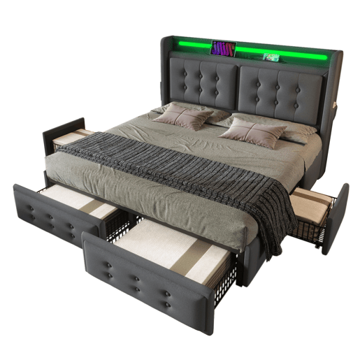 Cama de adulto 160x200cm em tecido de linho - com LED e portas de carregamento - 4 gavetas - Cinzento Cama de adulto 160x200cm em tecido de linho - com LED e portas de carregamento - 4 gavetas - Cinzento