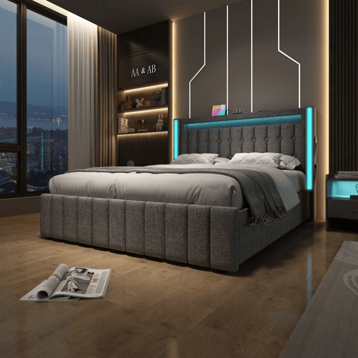 Cama com 2 gavetas 160x200cm estofada em linho - com função de carga e iluminação LED - Cinzento