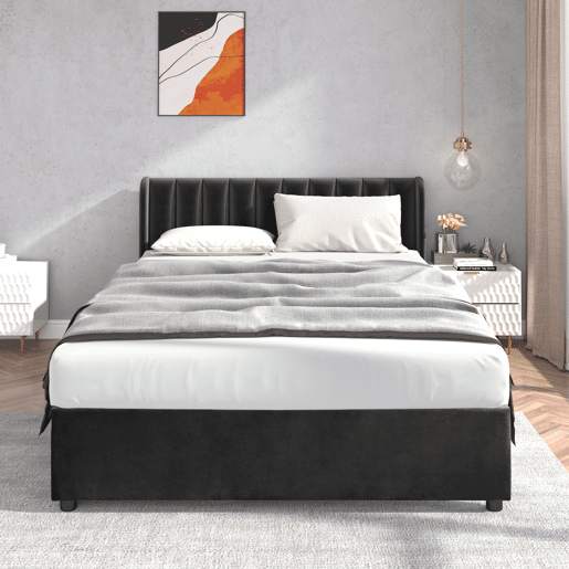 Cama 160x200cm com 2 gavetas - estofo em veludo - estilo moderno - Preto