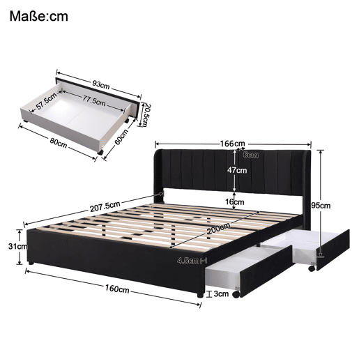 Cama 160x200cm com 2 gavetas - estofo em veludo - estilo moderno - Preto
