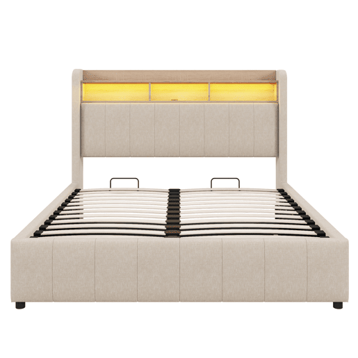 Cómoda estofada em linho 160x200 cm - com LED + tomadas - Bege