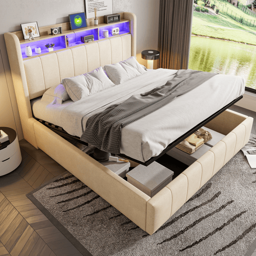Cómoda estofada em linho 160x200 cm - com LED + tomadas - Bege