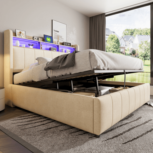 Cómoda estofada em linho 160x200 cm - com LED + tomadas - Bege