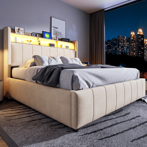 Cómoda estofada em linho 160x200 cm - com LED + tomadas - Bege
