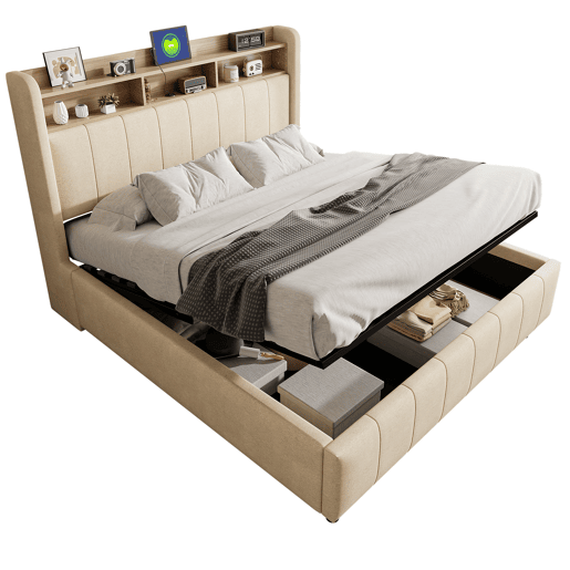 Cómoda estofada em linho 160x200 cm - com LED + tomadas - Bege