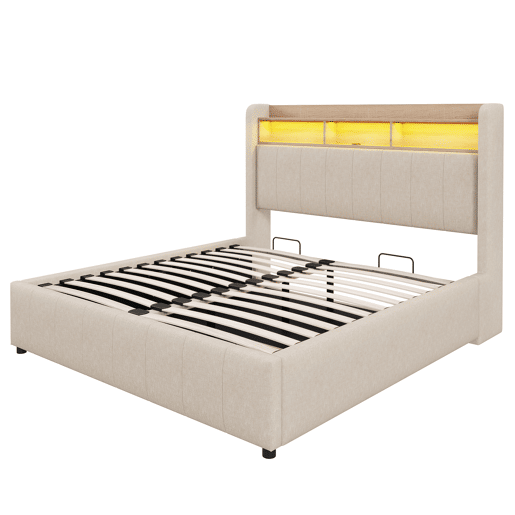 Cómoda estofada em linho 160x200 cm - com LED + tomadas - Bege