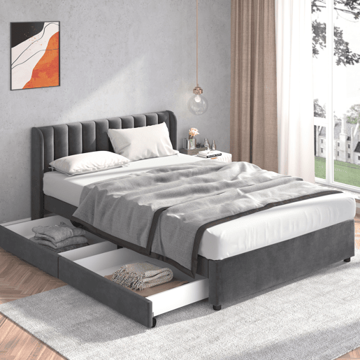 Cama 140x200cm com 2 gavetas - estofo em veludo - estilo moderno - Cinzento