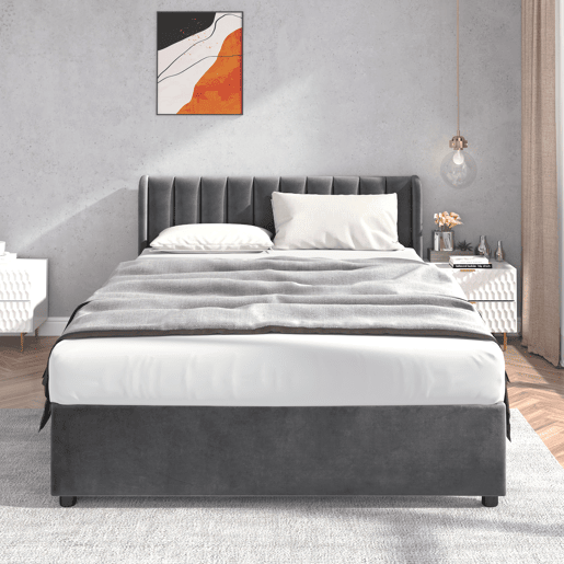 Cama 140x200cm com 2 gavetas - estofo em veludo - estilo moderno - Cinzento