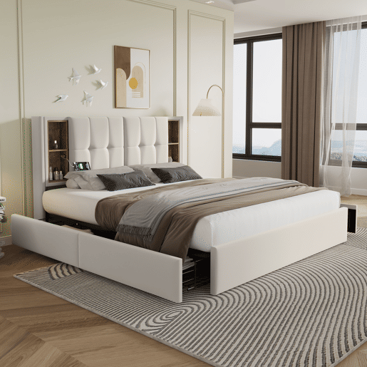 Cama estofada em veludo com gavetas 160x200cm - com carregamento sem fios e estrado de ripas - Bege