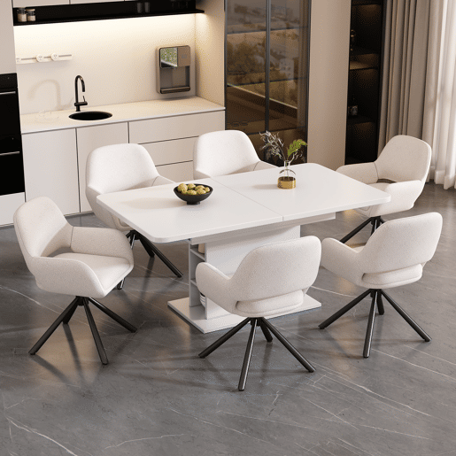 Conjunto de 6 cadeiras giratórias com braços - em tecido de sherpa - estilo moderno - Branco