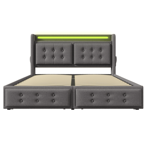 Cama para adultos 180x200cm em tecido de linho - com LED e portas de carregamento - 4 gavetas - Cinzento